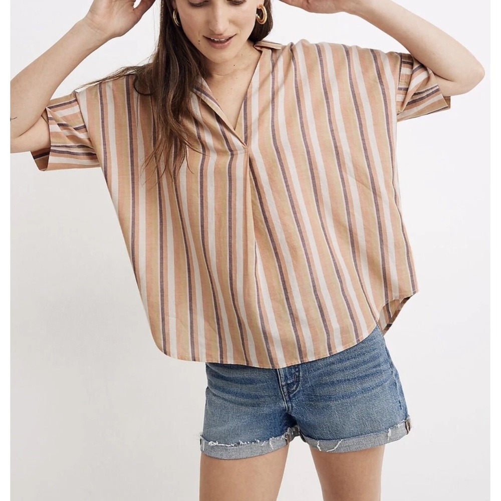 Madewell Courier Button Back Rainbow Stripe Short Sleeve Cotton Shirt Small